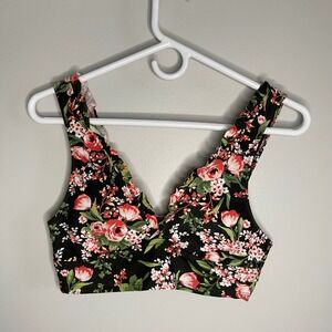 Mossimo Floral Bralette Top Ruffle Trim V-Neck Dark Green Flowers Women Size M